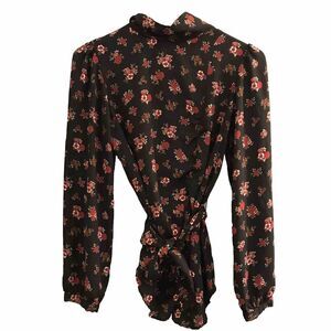 Zara Chiffon Floral Print Mock Neck Tie Balloon Sleeve Blouse Top S Small Black